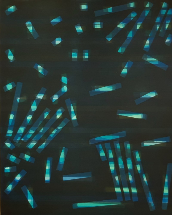 Abstract painting titled "Moonlight Ripples" featuring a dark background with varying shades of blue and green rectangular shapes scattered across the canvas. The shapes are layered, with lighter tones appearing underneath darker ones, creating a sense of depth. The composition includes multiple horizontal stripes in different dark tones, adding texture and suggesting a horizon-like pattern. The overall effect resembles the reflection of moonlight on rippling water, with the shapes and stripes contributing to a tranquil, rhythmic visual experience.