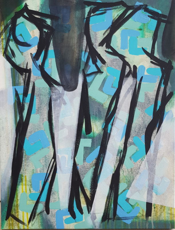 A painting featuring abstract black lines that intersect and overlap, forming jagged, angular shapes against a background of turquoise and green blocks. The background has a textured appearance, with a blend of light and dark hues, creating a sense of depth.