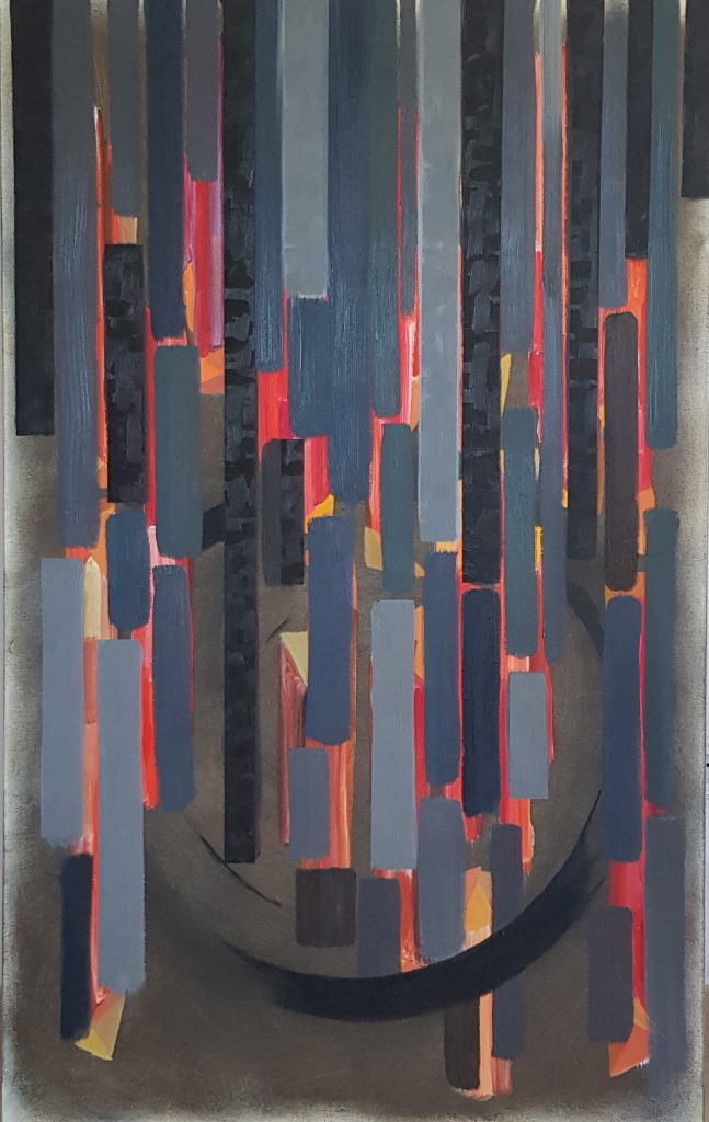 A painting with vertical dark gray and black bars over a background of vibrant reds, oranges, and yellows. The bars are unevenly spaced, creating a sense of depth and layering. The background colors are partially obscured but visible through the gaps in the bars.