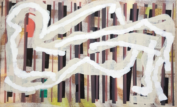 An abstract painting featuring a large, irregular white outline resembling the shape of a reclining figure. This outline overlays a background of soft, muted colors, including sandy beige, light blue, and pastel shades, with slightly darker areas. The background has a textured appearance, with the white shape standing out prominently against the softer tones underneath.