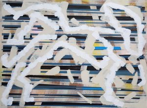 An abstract painting with irregular, thick white lines forming interconnected shapes across the canvas. The background is composed of horizontal stripes in various shades of blue, beige, and brown, with some areas of soft yellow and pink peeking through.