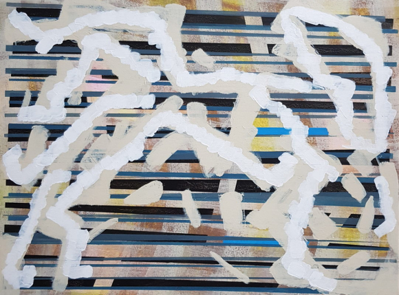 An abstract painting with irregular, thick white lines forming interconnected shapes across the canvas. The background is composed of horizontal stripes in various shades of blue, beige, and brown, with some areas of soft yellow and pink peeking through.