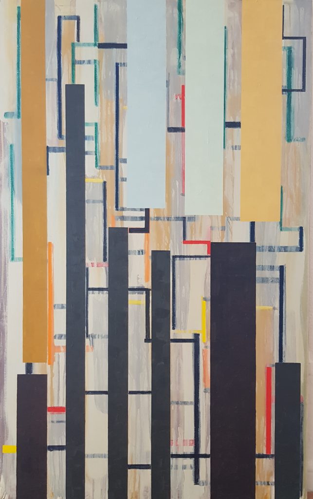 A painting with vertical black and pastel-colored stripes overlaying a more intricate background of intersecting lines and rectangles in shades of blue, beige, and red. The background appears partially washed out, with some lines brought back in vibrant colors.