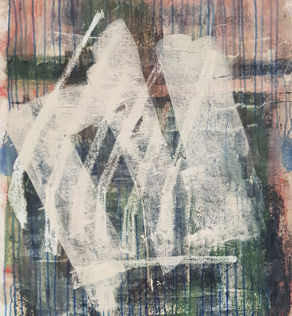 An abstract artwork titled 'The Hunt' featuring layered textures and intersecting lines in muted tones. Diagonal white shapes resembling rifles are present, with a semi-transparent white layer over the top of the entire composition.