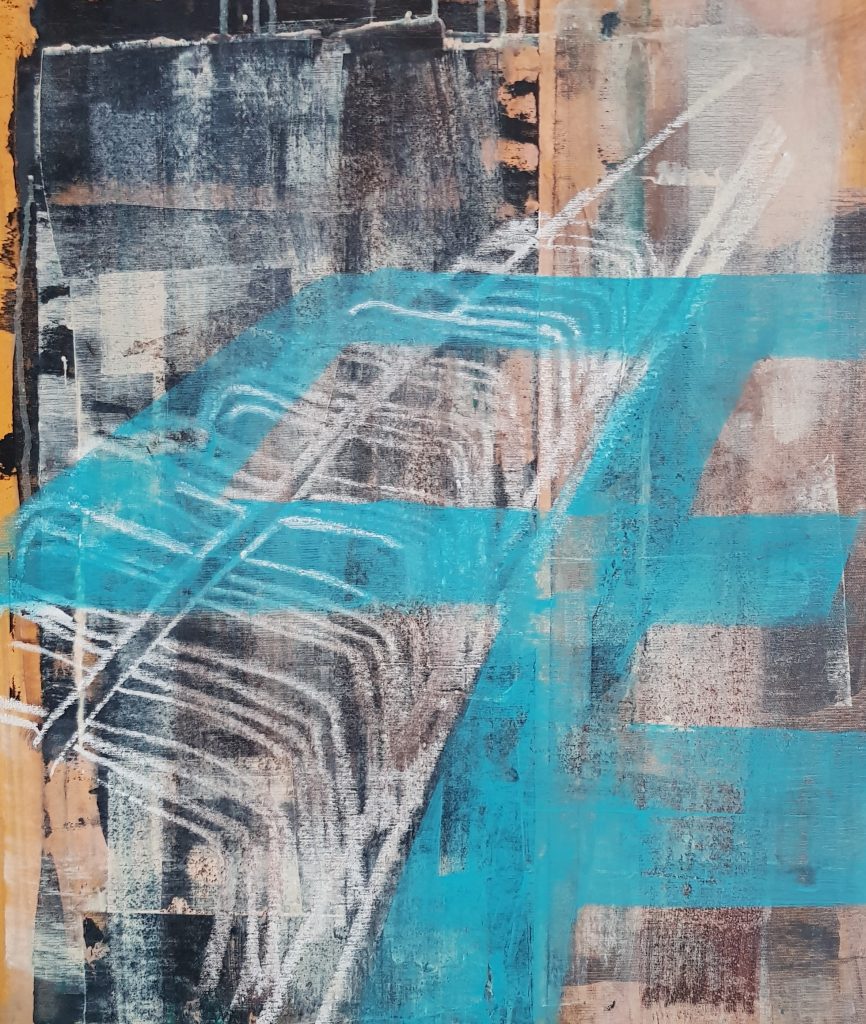 An abstract artwork titled 'Gavage' featuring sharp, white, cage-like lines over a vibrant blue-turquoise background. The white lines are geometric and intersect, creating a grid-like pattern across the composition.