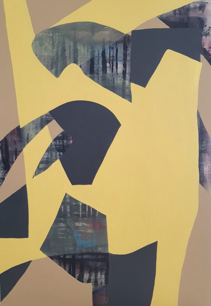 An abstract painting featuring bold geometric shapes in yellow, black, and grey against a textured, muted background of brown and grey tones. The shapes are irregular and intersecting, with the yellow elements adding vibrancy. The background appears layered, with different textures visible behind the solid forms, creating a sense of depth and complexity.