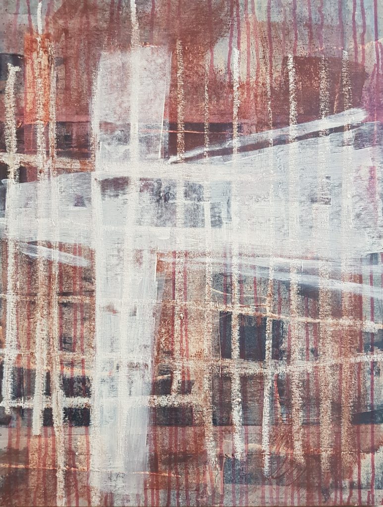 An abstract artwork titled 'Dominion' featuring layered grid-like structures in muted browns and grays. A large white cross overlays the composition, with the cross being semi-transparent and blending with the textured background