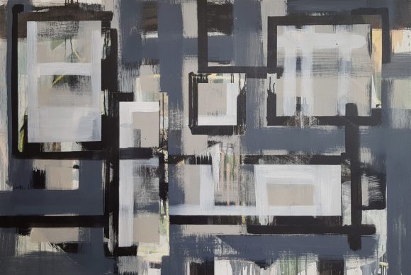 An abstract painting featuring a grid-like structure composed of bold black lines intersecting across the canvas. The spaces within the grid are filled with layered, overlapping rectangles and squares in varying shades of grey, white, and muted tones. The brushstrokes are visible, creating a textured effect. Some areas within the grid resemble windows or portals, giving the impression of looking into or through architectural forms. The overall palette is subdued, contributing to a sense of depth and complexity within the two-dimensional space.