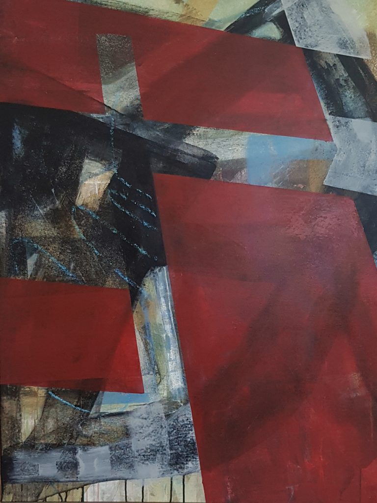 An abstract artwork dominated by bold red rectangles, layered over a textured background with dark tones of black, brown, and muted blues. The background reveals intricate brushwork, with hints of geometric forms and subtle, organic lines. The red shapes overlap and intersect with these underlying textures, creating a dynamic contrast between the solid and the fluid.