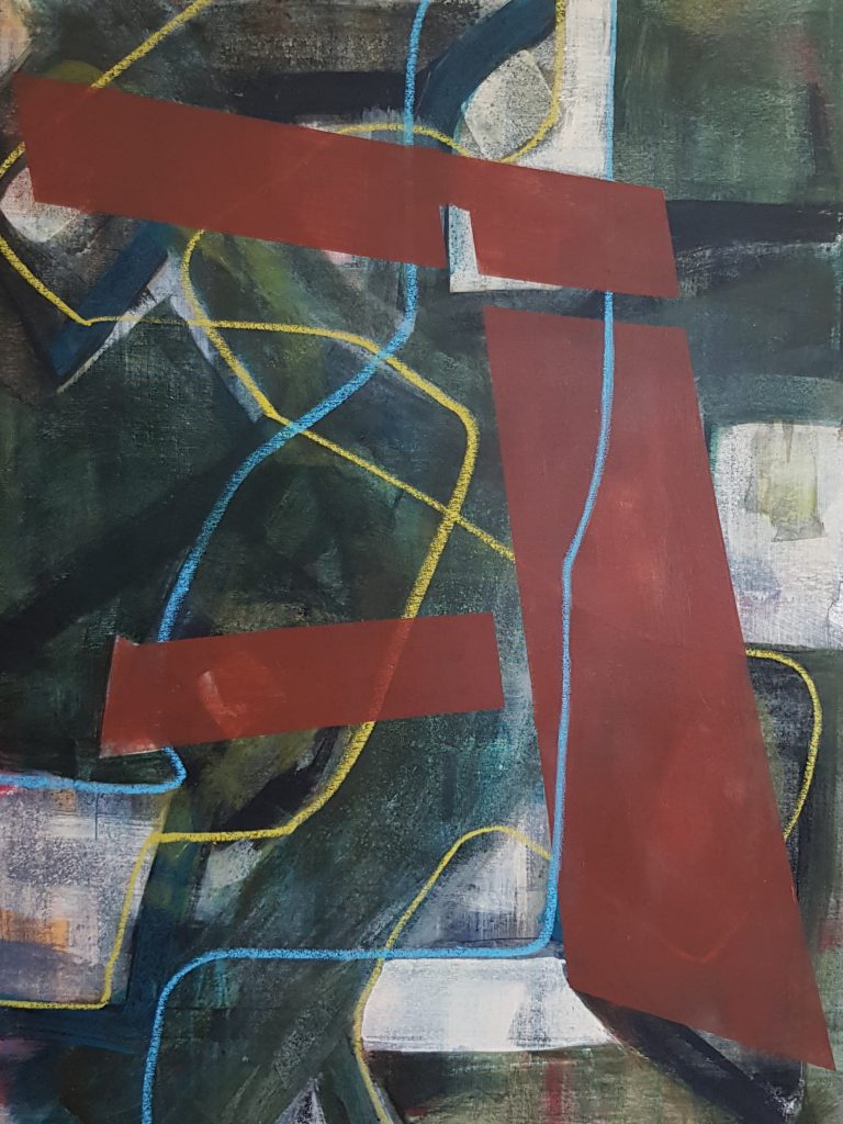 A mixed-media abstract artwork featuring large red rectangles layered over a textured background of dark and muted tones. The background includes a mix of blues, greens, and browns, with visible brushstrokes and faint, curved lines. The red shapes intersect and overlap, creating a sense of depth and structure within the composition.