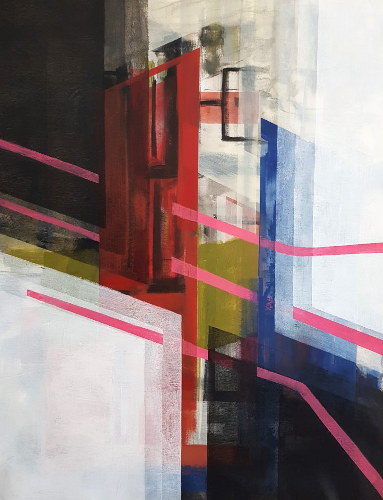 An abstract painting with intersecting geometric forms in red, blue, black, and white. Pink diagonal lines cut across the composition, connecting various blocks of color. The background features a mix of light and dark areas with subtle, blurred forms that suggest architectural elements or ruins. The overall effect is dynamic, with sharp angles and layered, translucent colors creating depth.