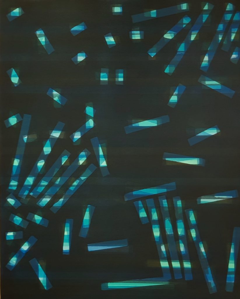 Abstract oil painting titled "Moonlight Ripples" featuring a dark background with varying shades of blue and green rectangular shapes scattered across the canvas. The shapes are layered, with lighter tones appearing underneath darker ones, creating a sense of depth. The composition includes multiple horizontal stripes in different dark tones, adding texture and suggesting a horizon-like pattern. The overall effect resembles the reflection of moonlight on rippling water, with the shapes and stripes contributing to a tranquil, rhythmic visual experience.