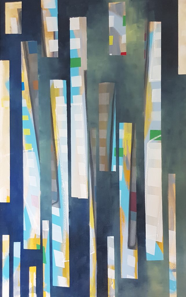 A painting with vertical strips in shades of light and dark blue, with bright pops of yellow, green, and red squares. The background is textured with shades of blue, teal, and gray, creating a sense of depth and movement behind the strips.