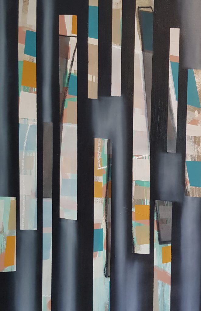 A painting with vertical dark and light gray stripes layered over a chaotic background of squares and rectangles in muted shades of teal, yellow, blue, and gray. The colors beneath the stripes appear discolored and faded.