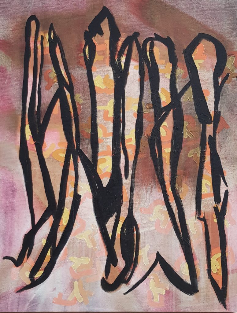 An abstract painting with thick, bold black lines forming elongated shapes that resemble figures in motion. The background is filled with warm tones of orange, yellow, and soft pink, with abstract shapes layered beneath the black lines, adding a sense of movement.