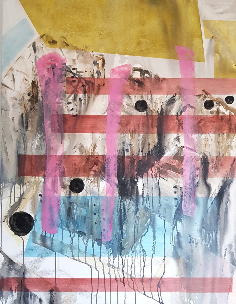An acrylic abstract painting featuring a background of muted, washed-out tones with faint, indistinct shapes resembling ruined buildings. Bold horizontal stripes in red and blue overlay the background, intersected by vertical pink lines. Drips of paint run down, adding texture and a sense of decay. Large, black circular shapes punctuate the composition.