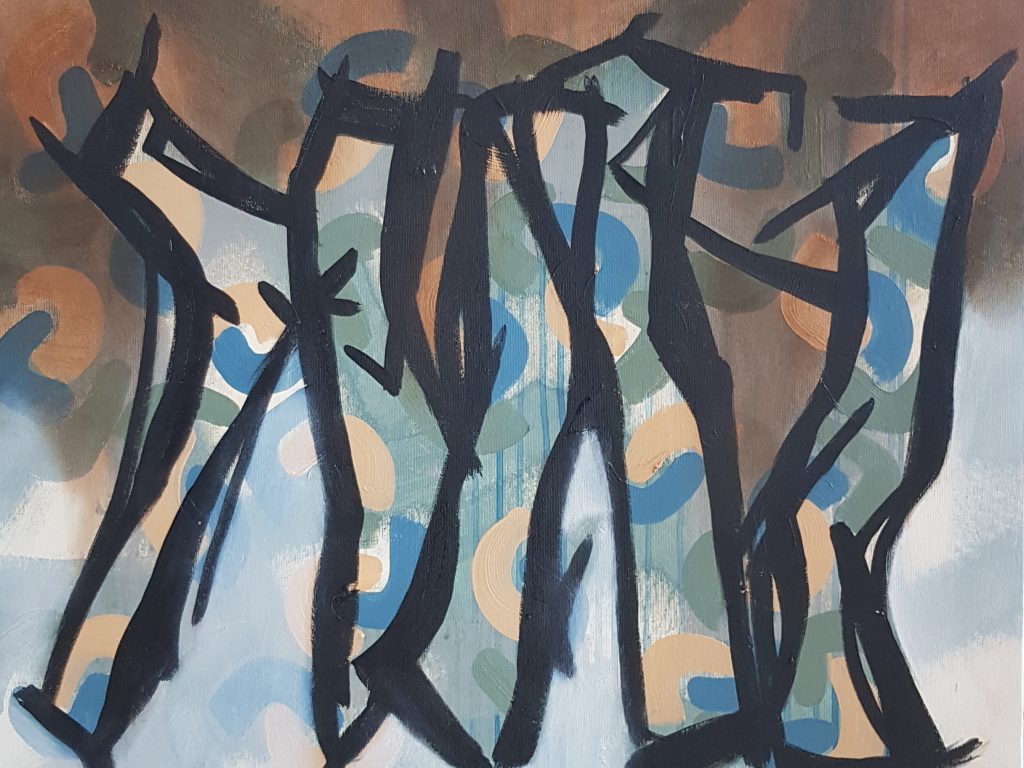 A painting with dark black lines forming abstract, geometric shapes. The background features a mix of earthy tones, such as brown, blue, and beige, with rounded and curved shapes that add depth and contrast to the composition.