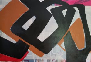 Abstract oil painting featuring large, bold, interlocking geometric shapes in black and brown with a red accent. The shapes are set against a textured background with a translucent white layer that covers most of the canvas, creating a subtle, diffuse backdrop. The overall composition is dynamic and contrasts between the dark, opaque shapes and the lighter background.